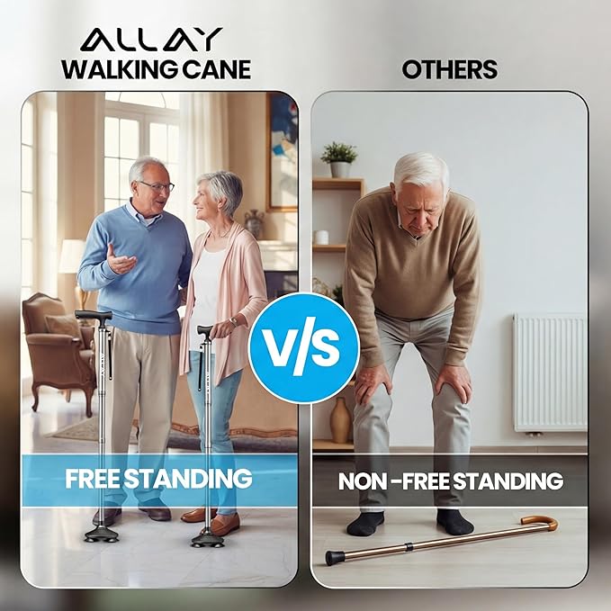 Allay Walking Canes for Men & Women - Adjustable Canes for Women for Stability, Self Standing Wide Quad Pivot Base, Light Weight, Soft Handle Grip and Travel Bag, Walking Sticks for Seniors & Adults