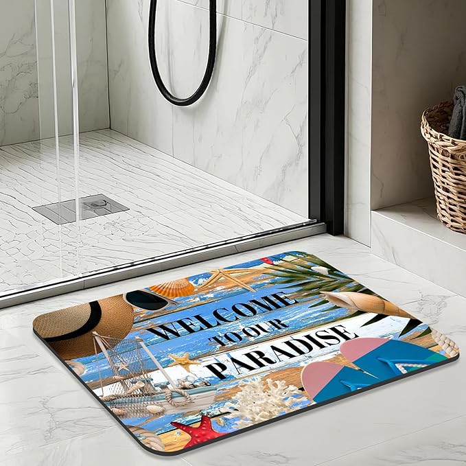 Quick Dry Bath Mat for Bathroom,Super Absorbent Beach Welcome Bath Rug Non-Slip Rubber Backing,Machine Washable Bathroom Floor Mat for Shower, Tub, Sink Area Wooden Board Ocean Blue 16x24