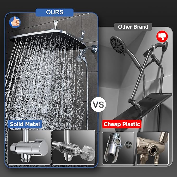 Veken 14" Wide Rain Shower Head with Handheld, High Pressure Handheld Shower Heads with Multi Spray Modes, Rainfall Combo with Metal Extension Arm,Detachable Dual Shower, Extra Long Hose,Silver Chrome