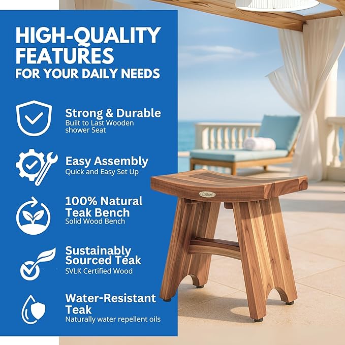 EcoDecors Teak Shower Bench 18", 300 lb Capacity – Waterproof Teak Bath Seat for Adults - Compact Spa Stool for Small Bathrooms & Walk-in Showers with Slip-Resistant Feet