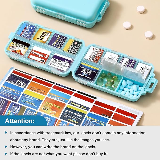 4 Pack 14 Grids Travel Pill Organizer Box with 830-Pcs(2 Set) Medicine Name Labels - Pocket Daily Pharmacy Case Container Kit - Travel Medication Holder Dispenser for Fish Oil Vitamin Supplement
