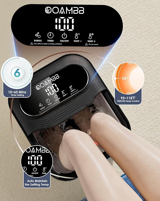 OOAMBB Collapsible Foot Spa with Heat, Bubble and Temp Control, Foot Bath Massager with XL Touch Screen and Massage Rollers, Foot Soaking Tub, Pedicure Foot spa for Stress Relief (Black +Green)