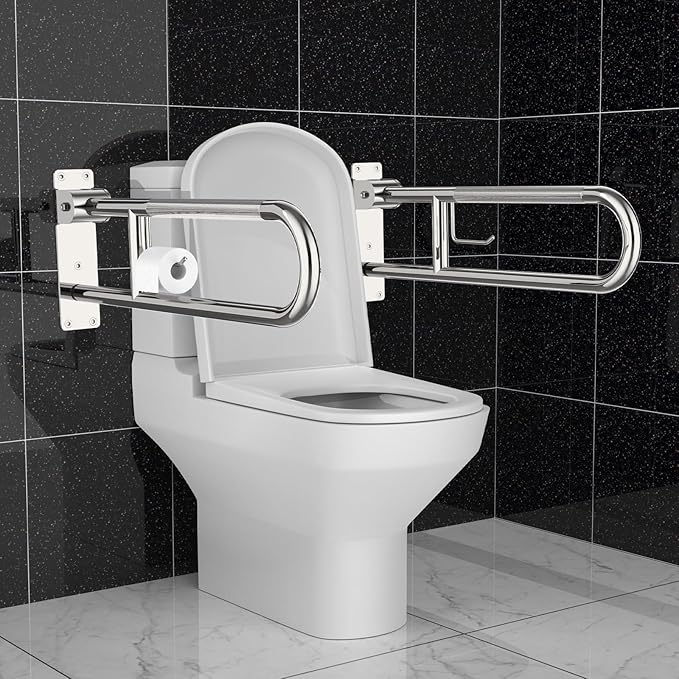 Toilet Grab Bar 30.3 Inch Chrome, Munzong Anti-Slip Handicap Grab Bars with Paper Holder, Flip-Up Bathroom Safety Rails, Stainless Steel Knurled Support handrails for Seniors Elderly Disabled Pregnant