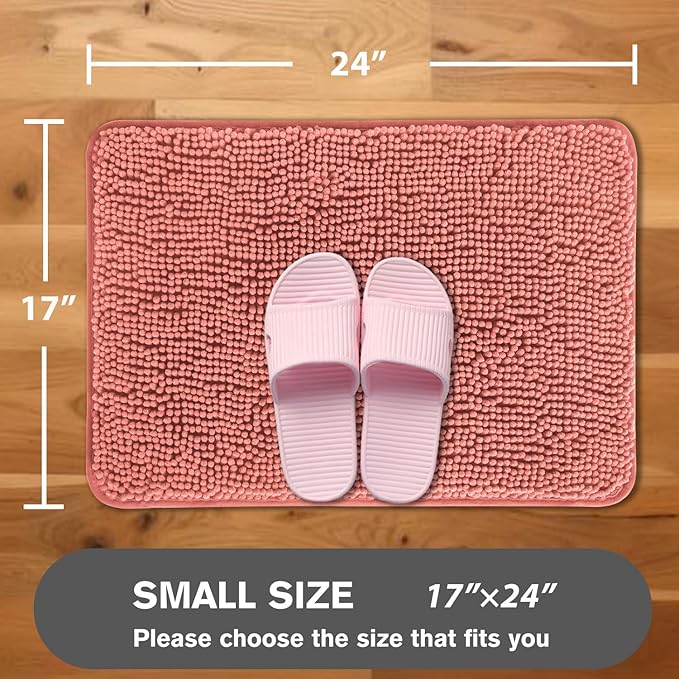 Coral Bathroom Rugs – Absorbent and Washable Bath Mat, Non-Slip, Thick Soft Chenille Bath Rugs for Bathroom Floor, Shower, Sink - 17" x 24"