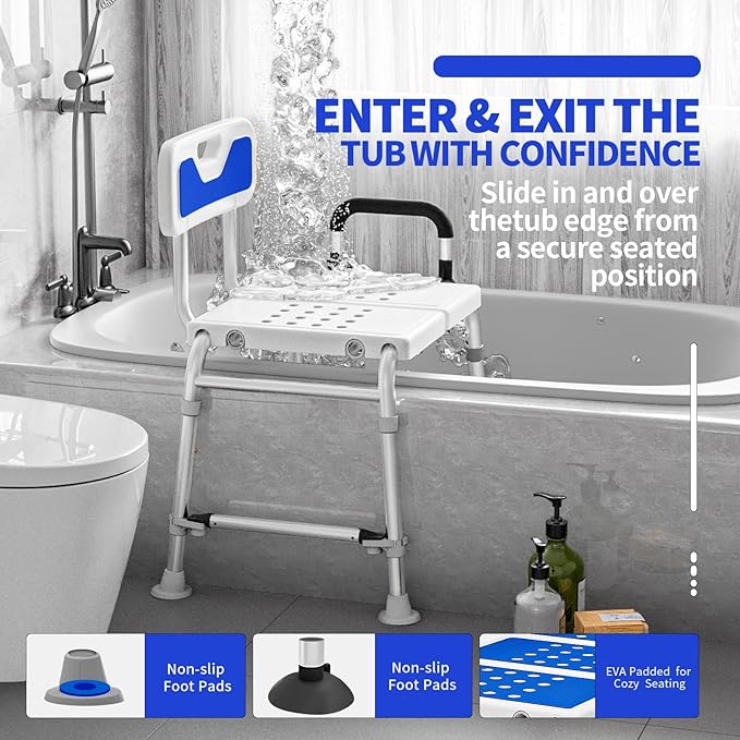 Heavy Duty Width Adjustable Bath Tub Transfer Shower Bench for Inside Tub Extended Shower Chair with Adjustable Height and Reversible Backrest Handicap Shower Chair Seat for Elderly and Disabled