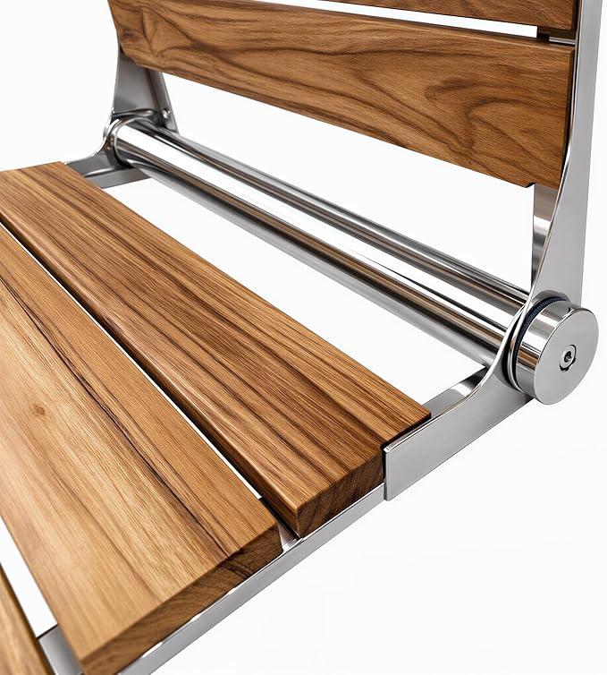 Teak Shower Seat Bench with Back - Wall Mounted Fold Up Shower Seat, Waterproof Folding Teak Bath Chair for Seniors, 304 Stainless Steel Frame, with 300 lbs Capacity - 24" Length, Polished
