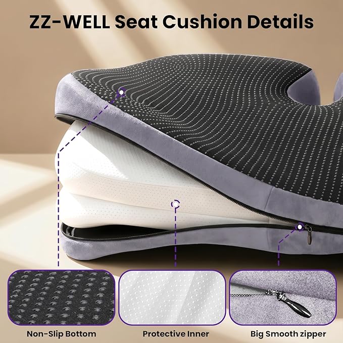 ZZ-WELL Seat Cushions for Office Chairs - Patented Extra Large Seat Cushion 21.2" W x 16.5" L - Memory Foam Seat Cushion for Tailbone Pain Relief, Sitting Pressure Relief (Light Grey)