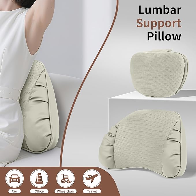 Lumbar Support Pillow for Car Seat, Memory Foam Leather Lumbar Pillow for Lower Back Pain Relief - Back Cushion for Driving, Chair Support for Office Chair, Gaming Chair, Off White, 1 Pack