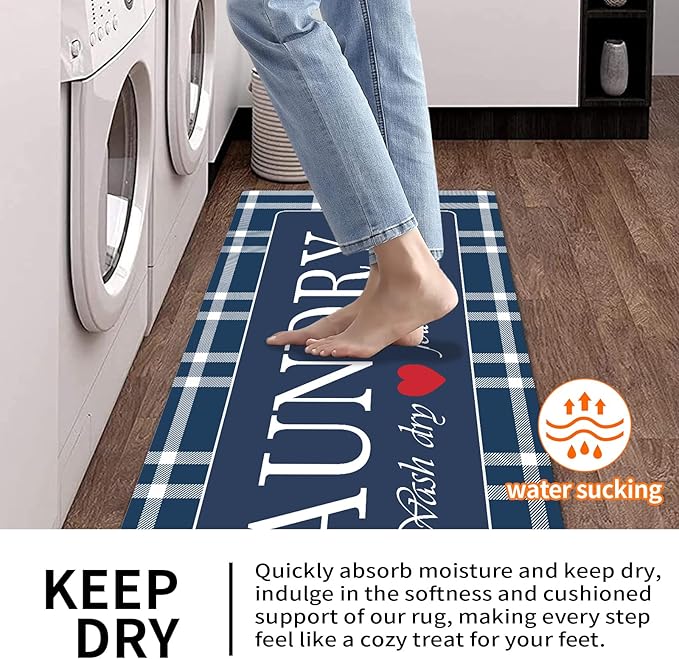 XLHOMO Laundry Room Rugs and Mats, 17"x47" Buffalo Plaid Navy Blue Laundry Room Rug Washable Non Slip, Farmhouse Laundry Mats for Floor, Mudroom, Kitchen, Washroom, Bathroom, Entryway Carpet Decor