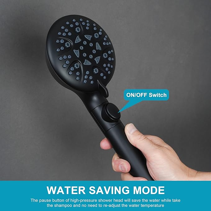 High Pressure 8-mode Handheld Shower Head with On Off Switch and Long Hose & Bracket PLUS Extra Adhesive Holder for Lower Mount,Built-in Power Wash to Clean Tub,Tile & Pets,Black