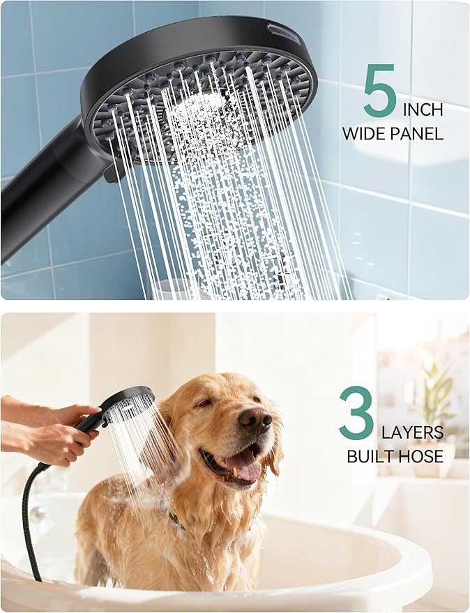 Magichome Filtered Shower Head with Handheld, High Pressure 10-Spd Detachable Chrome Showerhead with Stainless Hose, Water Softener Filter Beads for Hard Water - Remove Chlorine, Black