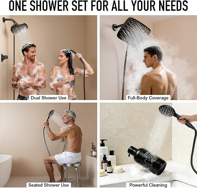 Veken 11.8 Inch Rain Shower Head with Handheld- High Pressure Dual Shower Heads with 5 Modes Handheld Spray Combo- Wide Rainfall Showerhead with Hose, Bathroom Accessories, Matte Black