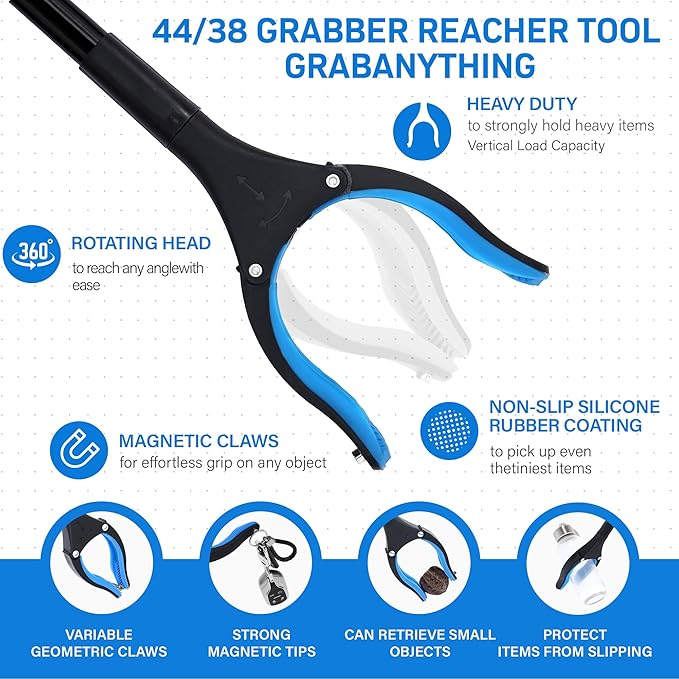 GrabRunner 38 Inch & 44 Inch Extra Long Grabber Reacher Tool Set – Extendable Reacher Grabber Pickup Tools for Seniors, Disabled and Hard-to-Reach Areas, Ergonomic Grip & Lightweight Design（Blue）