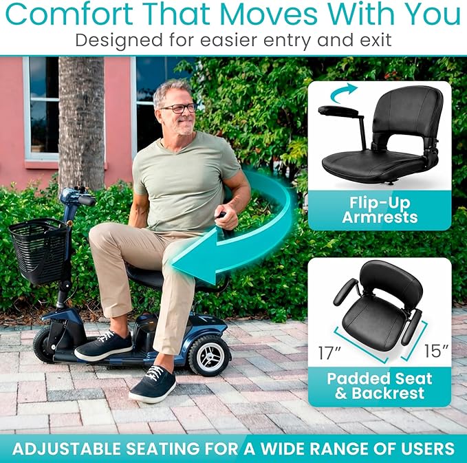 Vive 3 Wheel Mobility Scooter - Electric Powered Mobile Wheelchair Device for Adults - Folding, Collapsible and Compact for Travel - Long Range Power Extended Battery with Charger and Basket Included