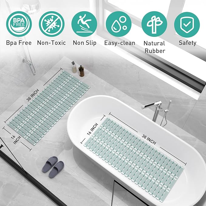 XIYUNTE Shower Mat Non Slip Bath Mat for Tub - 36 x 16 Inch Bathtub Mat Non Slip Shower Mats for Inside Shower, TPE Bath Mat with Suction Cups and Drain Holes, Easy to Cut, Green