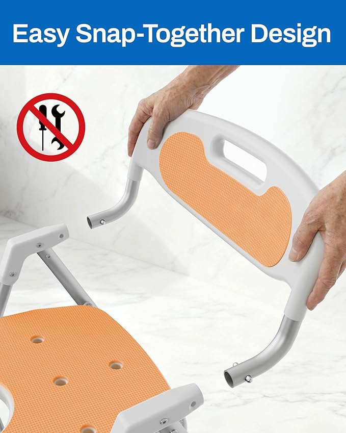 Folding Shower Chair with Arms and Back for Elderly & Disabled, 400 LBS Heavy Duty Foldable Bath Seat for Inside Shower, Tool-Free Assembly Portable Shower Stool with U-Shape Cutout Seat(Orange)