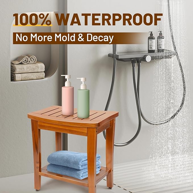 16" Compact Teak Shower Bench with Shelf, Premium Teak Shower Stool, Durable Waterproof Seat for Inside Shower, Solid Teak Wood Bench for Bathroom, Indoor & Outdoor Use