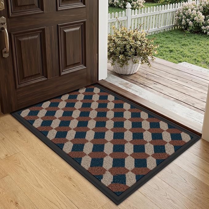 LUMI Front Door Mat 17x30, Low-Profile Non-Slip Welcome Mat for Indoor Outdoor, Stain & Fade Resistant Geometric Door Mat for Entryway Patio Porch, Geo-Navy