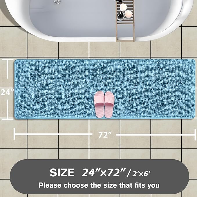 Bathroom Runner Rug 24 x 72 Non Slip – Extra Long Bath Mat | Absorbent and Washable Thick Chenille Runner Rug for Bathroom, Shower, Tub, Sink(Sky Blue)
