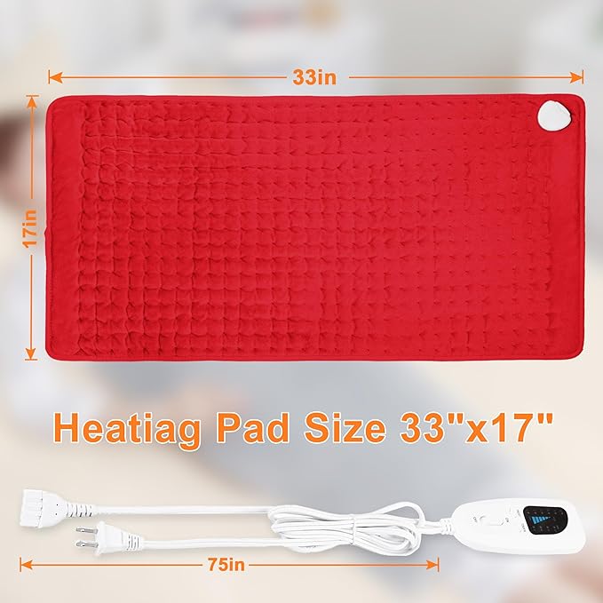 Deepsoon Heating Pad,Electric Heating Pads for Back,Neck,Moist Heating Pad for Abdomen Shoulder Knee Legs,Dry/Moist Heat&Auto Shut Off,Mother's Day Birthday for Men and Women,Red,33x17 Inch