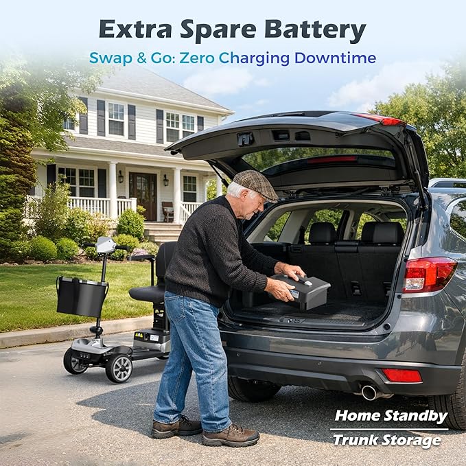 Mobility Scooter for Adults & Seniors with Removable Spare Battery - 24.8 Miles Total Range, Cruise & Airport Approved, Foldable Motorized Scooters with Dual Basket, Phone & Cup Holder, Silver