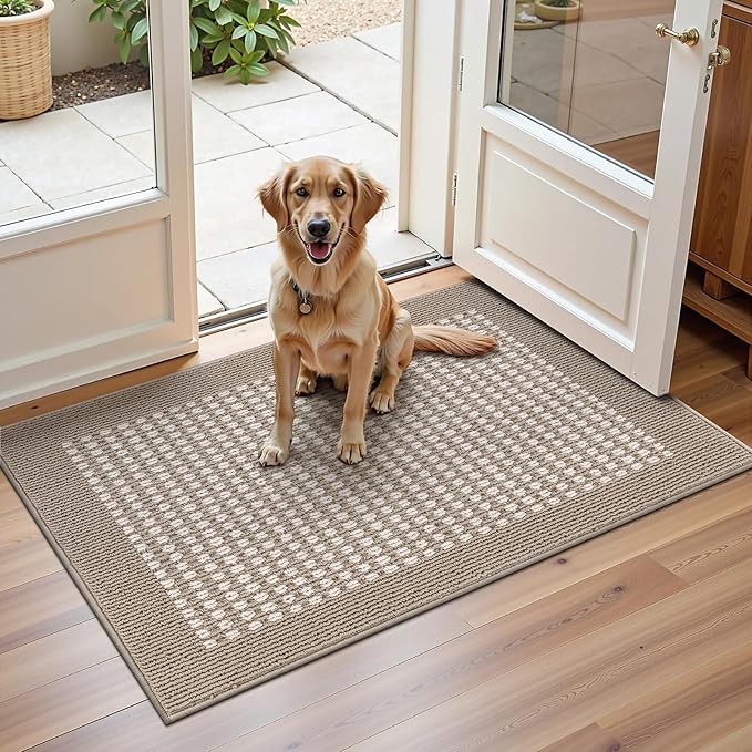 Ileading Indoor Door Mat 24" X 36" Absorbent Dog Muddy Paws Mat Low-Profile Entrance Small Runner Rug with Non-Slip Rubber Backing Machine Washable Inside Welcome Mat for Entryway,Kitchen(Beige)