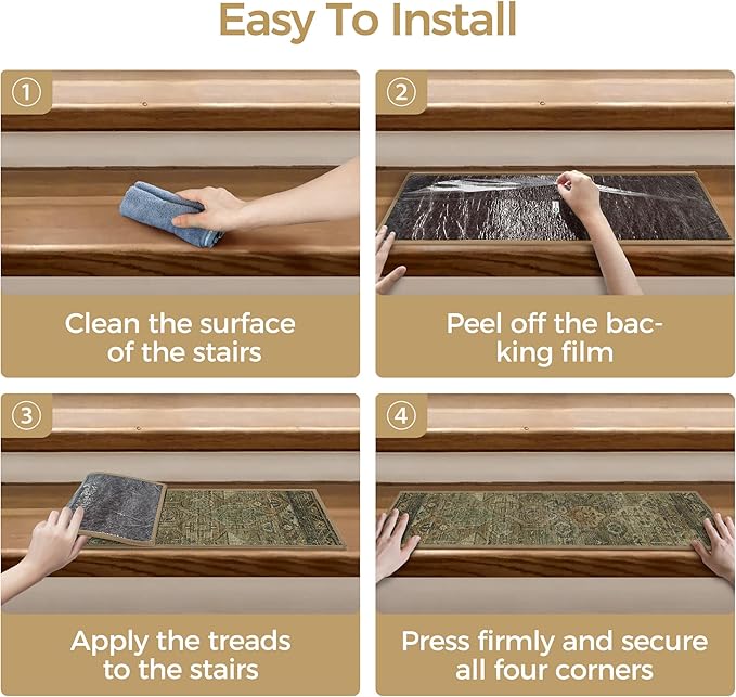 sarben Non Slip Stair Treads for Wooden Steps 15PCS - 8"x30" Indoor Safety Carpet, Edging Mats with TPE Adhesive Backing, Pet and Elderly Friendly Stair Rugs (Olive/Brown)