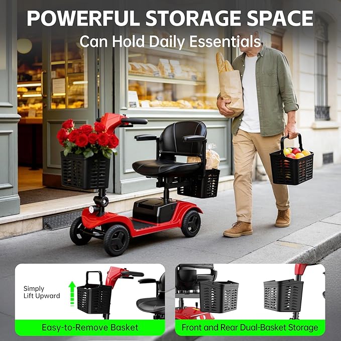 Mobility Scooter for Seniors,Motorized Scooter,Electric Scooter for Adults 300 lbs,Detachable Battery,Dual Baskets and Rear Tail Lights(Red)
