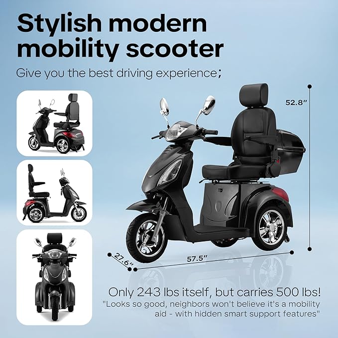 Super Large Electric 4 Wheel Mobility Scooters, Heavy Duty 800W Wheelchair Device, 25 Miles Long Range, All Terrain Mobility Scooter，Speed Adjust, Remote Key,Receive Ready to Ride (3 Wheel -Black)
