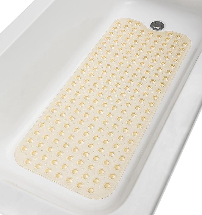 Extra-Long Non-Slip Bathtub & Shower Mat 39”x16” (Smooth/Non-Textured Tubs Only) Safe, Clean, Machine-Washable, Superior Grip&Drainage, Vinyl, Transparent Light Brown