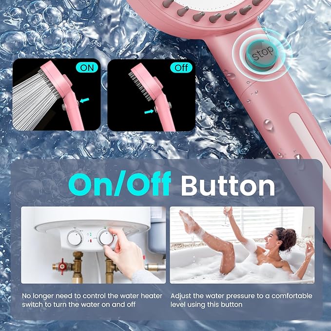 PWERAN Filtered Shower Head with Handheld, High Pressure 4 Spray Mode Showerhead with Filters, Water Softener Beads for Hard Water with ON/OFF Switch for Pets - Remove Chlorine (Pink, 5 Inch Panel)