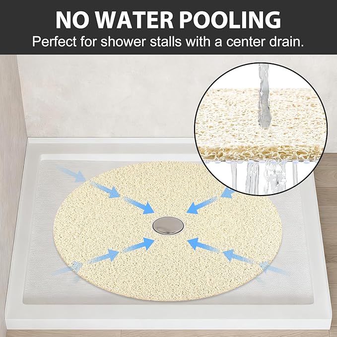 Non Slip Shower Mat: 24x24 inch Round Shower Mats for Inside Shower with Central Drain Hole, Soft Loofah Shower Floor Mat for Standing Shower Stall, RV, Tile Fiberglass Shower Pan, Quick Dry