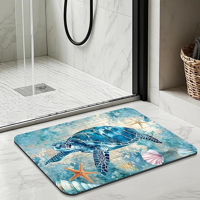 Quick Dry Bath Mat for Bathroom,Super Absorbent Turtle Bath Rug Non-Slip Rubber Backing,Machine Washable Bathroom Floor Mat for Shower, Tub, Sink Area Beach Seashell Ocean Blue (16"x24"+30"x20")