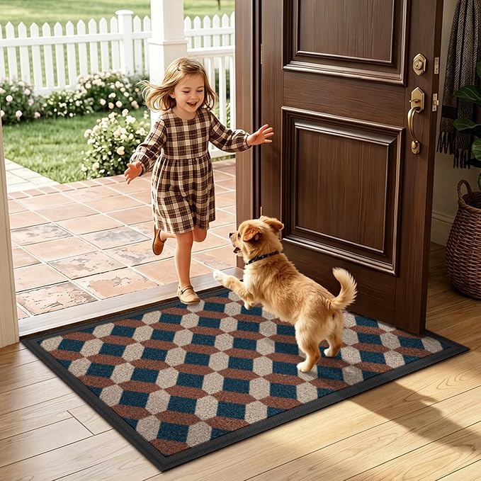 LUMI Front Door Mat 17x30, Low-Profile Non-Slip Welcome Mat for Indoor Outdoor, Stain & Fade Resistant Geometric Door Mat for Entryway Patio Porch, Geo-Navy