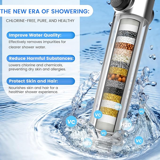 PWERAN Filtered Shower Head with Handheld, High Pressure 3 Spray Mode Showerhead with 18 Stage Water Softener Filters for Hard Water - Remove Chlorine-BLACK