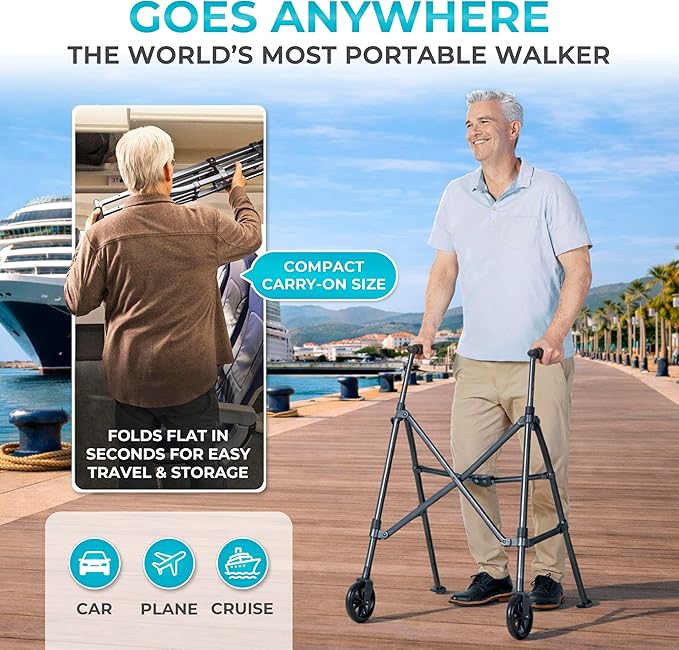 Stander Space Saver Walker, Lightweight Folding Rolling Mobility Aid for Seniors & Adults, Compact 2-Wheel Disability Device with 6-inch Wheels & Ski Glides for Walking Support, Black Walnut