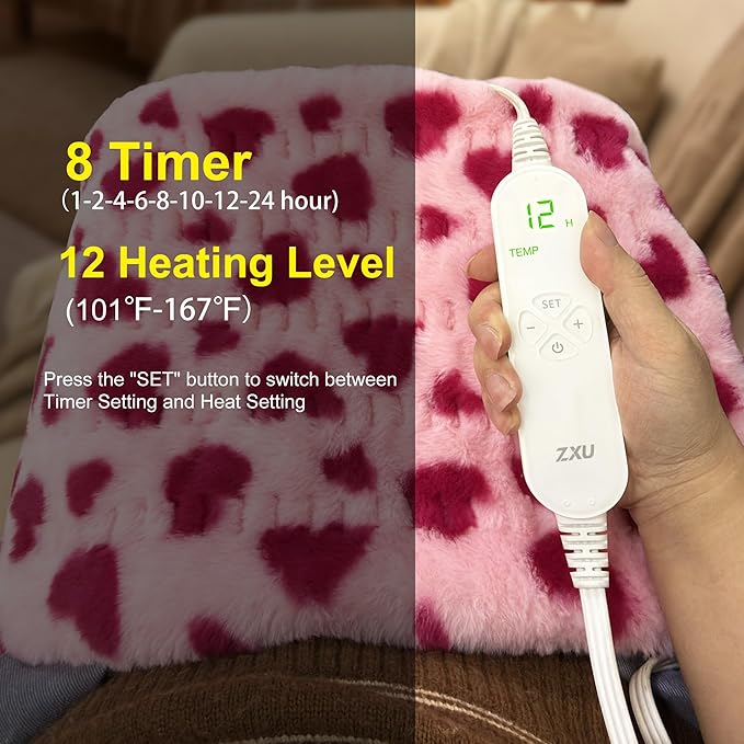 ZXU Sherpa Heating Pad for Back Pain and Cramps Relief Relief, Ultra Soft Cute Heating Pad, 12 Heat Settings, 8 Timer Settings,Stay on Function Hot Heated Pad, Pink Heart Pattern, 12 x 24 Inch