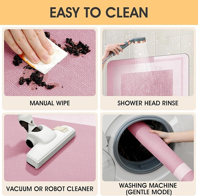 ACCUMTEK Non Slip Bath Mat, Thin Bathroom Rugs Fit Under Door, Quick Dry Bath Mats, Machine Washable Bath Rugs for Bathroom, Bathtub & Kitchen, Bathtub & Kitchen, Pink/Bordered/24 x17