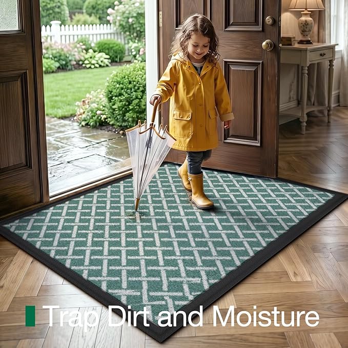 LUMI Front Door Mat 24x36, Low-Profile Non-Slip Welcome Mat for Indoor Outdoor, Stain & Fade Resistant Geometric Door Mat for Entryway Patio Porch, Grid-Teal