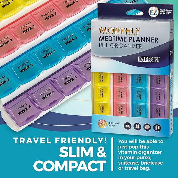 Monthly Pill Organizer - 28 Day Monthly Pill Planner to Separate Pills & Vitamins Week to Week, Travel Medication Reminder Daily Monday to Sunday Compartments, Case of 40