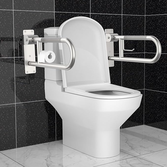 Toilet Grab Bar 22.4 Inch, Munzong Anti-Slip Handicap Grab Bars with Paper Holder, Flip-Up Bathroom Toilet Safety Rails, Stainless Steel Knurled Support handrails for Seniors Elderly Disabled Pregnant