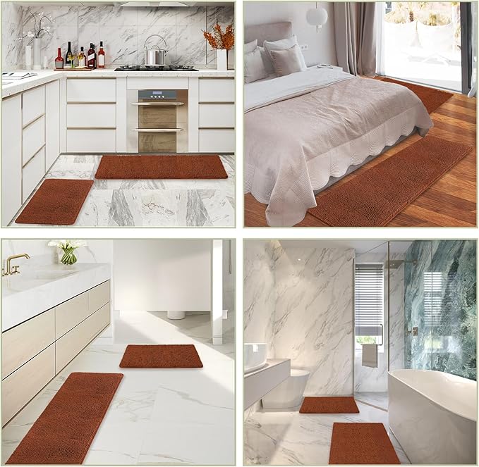 Rust Bathroom Rugs Sets 2 Piece – Absorbent and Washable Bath Mat, Non-Slip, Thick Soft Chenille Bath Rugs for Bathroom Floor, Shower, Sink - 17" x 24"+20" x 32"