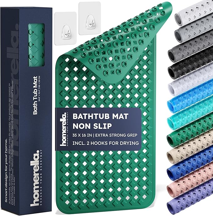 Bathtub Mat Non Slip 35x16 - homerella® Bath Mat Incl. Hooks for Drying, Extra Long, 100% BPA Free, Shower Mat Non Slip Anti Mold, Machine Washable, Shower Mats for Inside Shower Mildew Resistant
