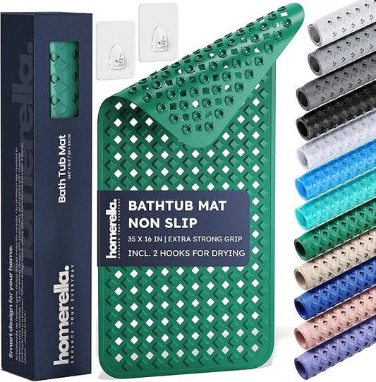 Bathtub Mat Non Slip 35x16 - homerella® Bath Mat Incl. Hooks for Drying, Extra Long, 100% BPA Free, Shower Mat Non Slip Anti Mold, Machine Washable, Shower Mats for Inside Shower Mildew Resistant