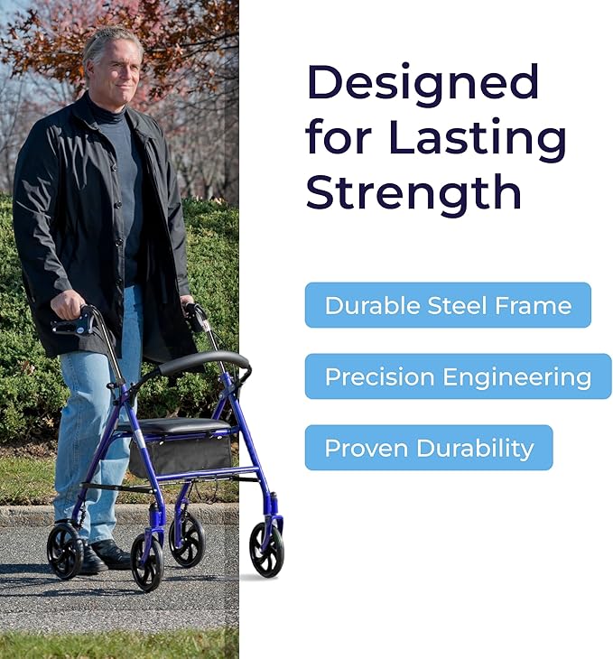 Drive Medical Rollator Walker with Seat - Stable Mobility Support - Height Adjustable - Durable Steel Frame Construction - Smooth 7.5" Wheels - Foldable - 350 Lb Limit - Blue