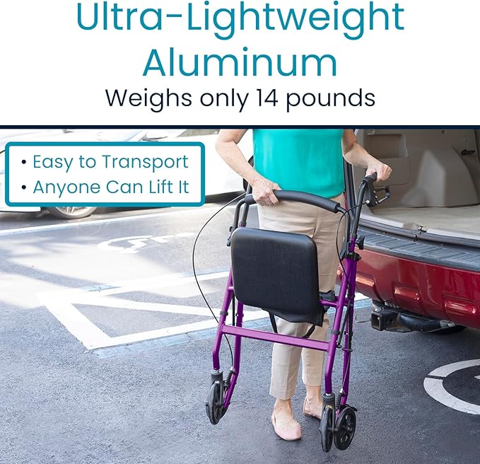 Vive Ultra Lightweight Rollator Walker with Seat - Foldable, Narrow, Rolling Senior Walker for Small Spaces - 4 Wheel Aluminum Adult Easy Drive Aid with Underseat Accessory