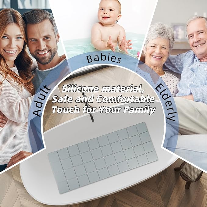 Bathtub Mat Non-Slip Silicone Soft Odorless Large Bath Mat No Suction Cups for Refinished,Reglazed and Textured Shower Mats Non Slip Extra Long Tub Mat (16x40inch Grey)