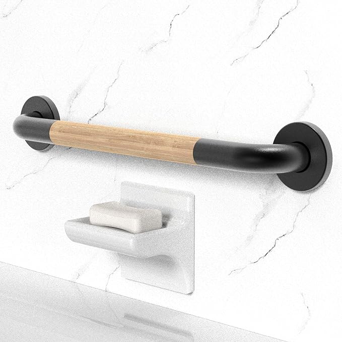 Safety Grab Bar for Bathroom & Toilet, Natural Bamboo Handle, ADA Compliant Balance Assist Handrail for Handicap and Seniors, 18in Matte Black