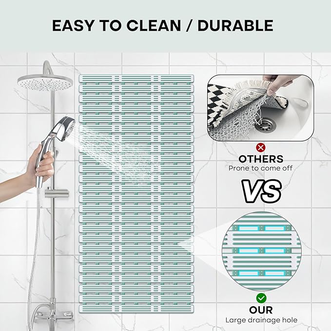 XIYUNTE Shower Mat Non Slip Bath Mat for Tub - 36 x 16 Inch Bathtub Mat Non Slip Shower Mats for Inside Shower, TPE Bath Mat with Suction Cups and Drain Holes, Easy to Cut, Green