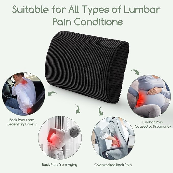 Lumbar Support Pillow for Recliner Chair/Accent Chair/Couch, Extra Large Memory Foam Back Support Cushion for Elderly, Recliner Cushions for Back Rest, Pain Relief, Reading, Washable Cover, Black
